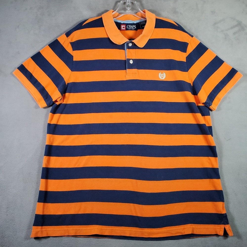 Chaps Polo Shirt Mens L Orange Blue Rugby Stripe Short Sleeve Preppy Ivy‎ Golf